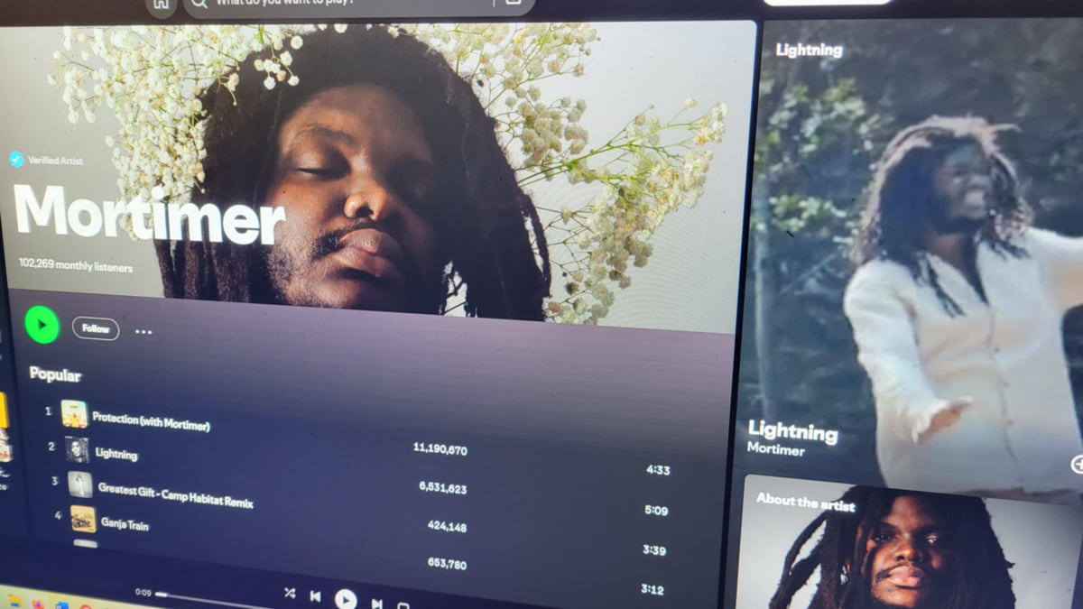 Spotify screen showing reggae artist Mortimer playing during a rainy day in Jamaica.