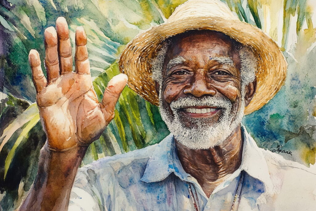 A man waving and saying Good morning in Jamaican patois