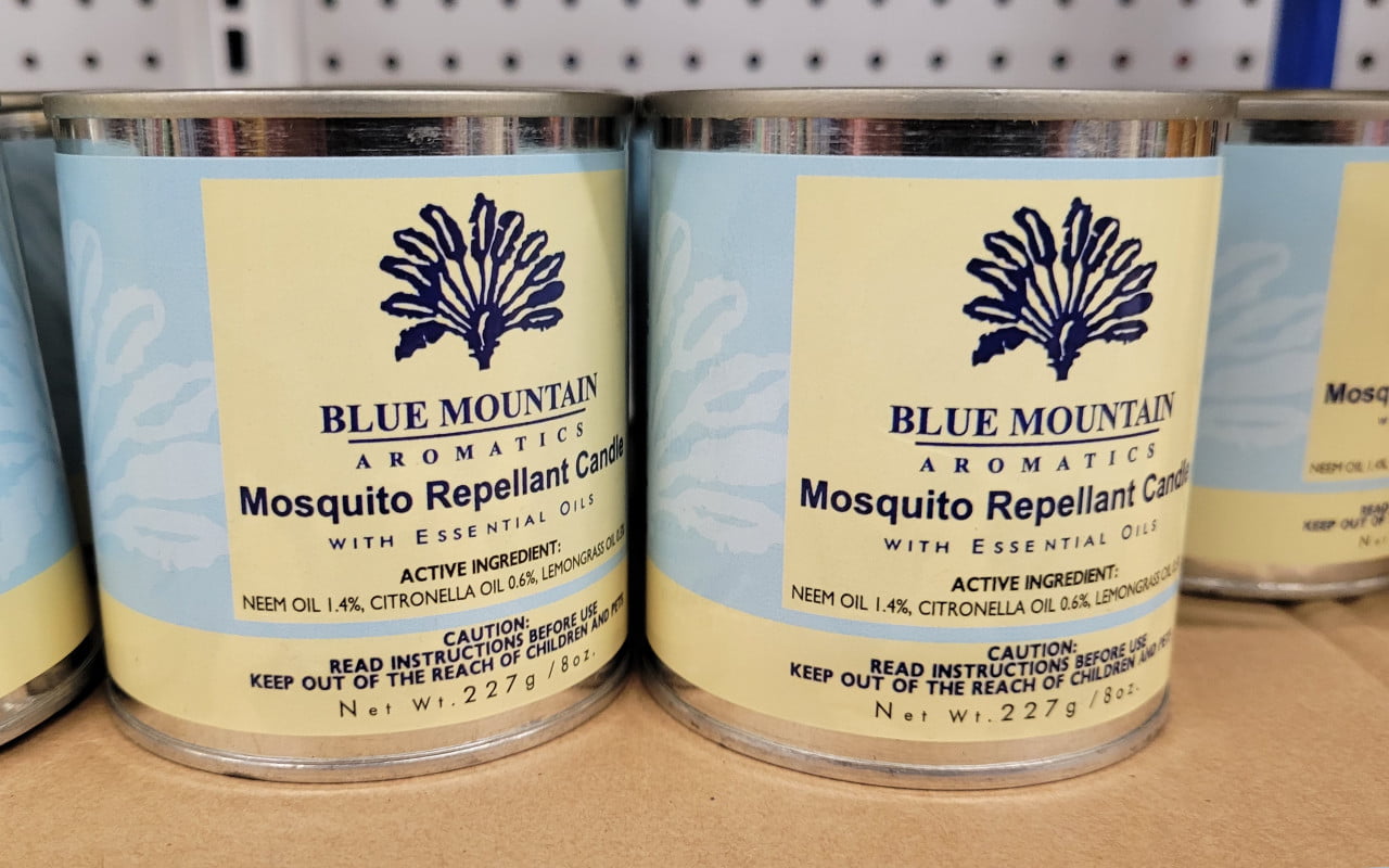 Close-up of a mosquito repellent candle from Blue Mountain Aromatics, used in Jamaica.