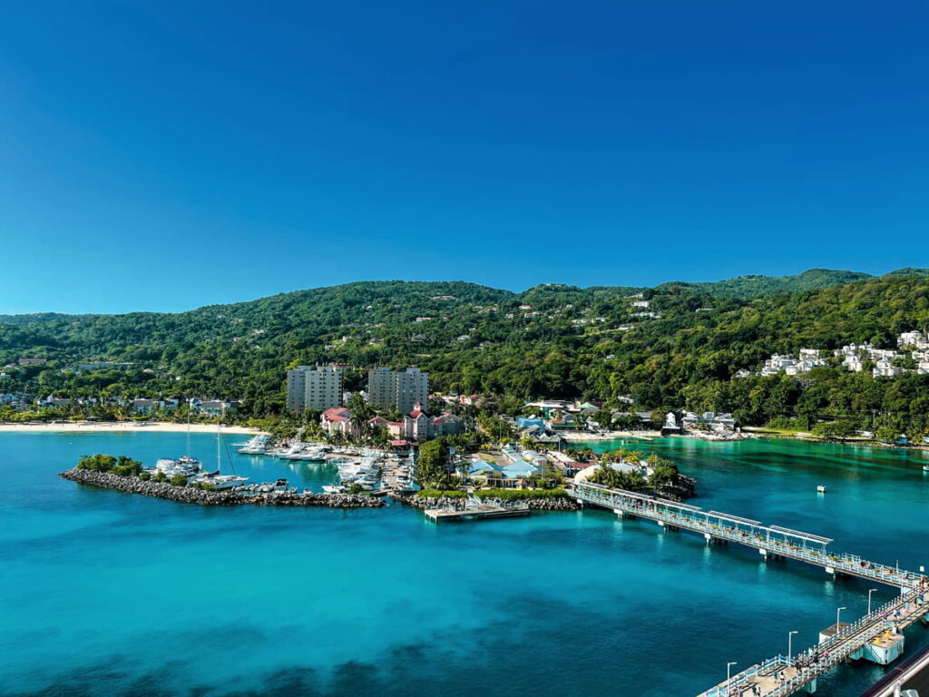 Ocho Rios, Jamaica aerial view, showing the town’s layout against a stunning coastal backdrop.