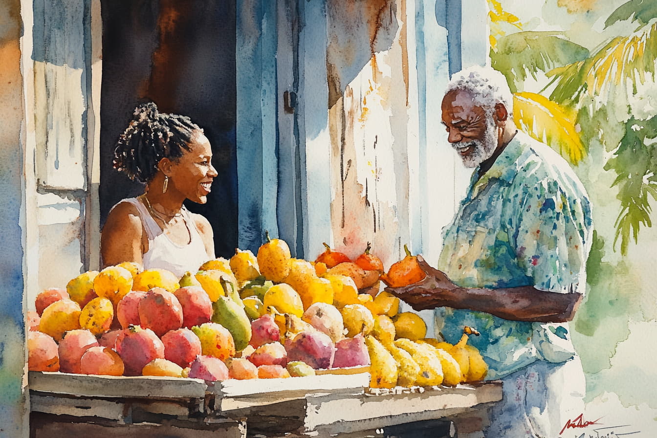 what-is-the-patois-word-brawta A man and woman share some extra fruit at a stand, showing what 'brawta' really is