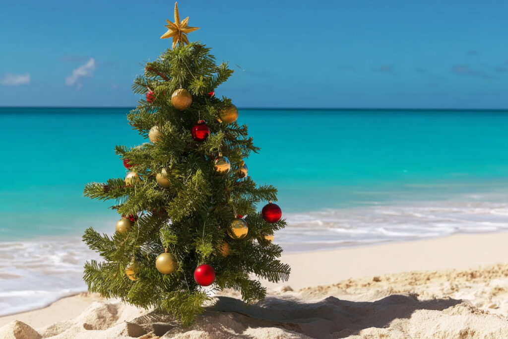 A decorated Christmas tree on a tropical Jamaican beach, illustrating the island's unique cultural seasons beyond just weather