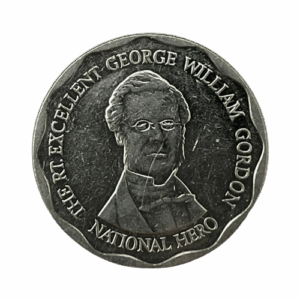 A close-up of the $10 Jamaican dollar coin featuring National Hero George William Gordon.