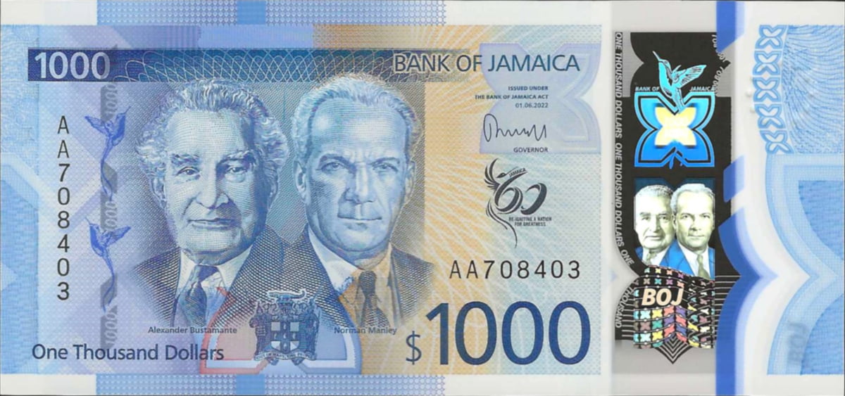 The blue $1,000 Jamaican dollar bill, one of Jamaica's most common currency denominations.