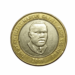The bi-metallic (copper and nickel) $20 Jamaican coin featuring Marcus Garvey.