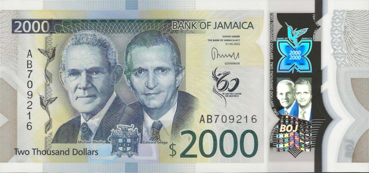  The yellow $2,000 JMD banknote featuring former prime ministers Michael Manley and Edward Seaga.