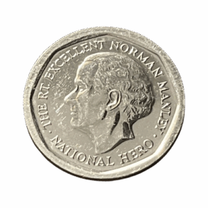 The silver $5 JMD coin, a common piece of Jamaican currency featuring Norman Manley.