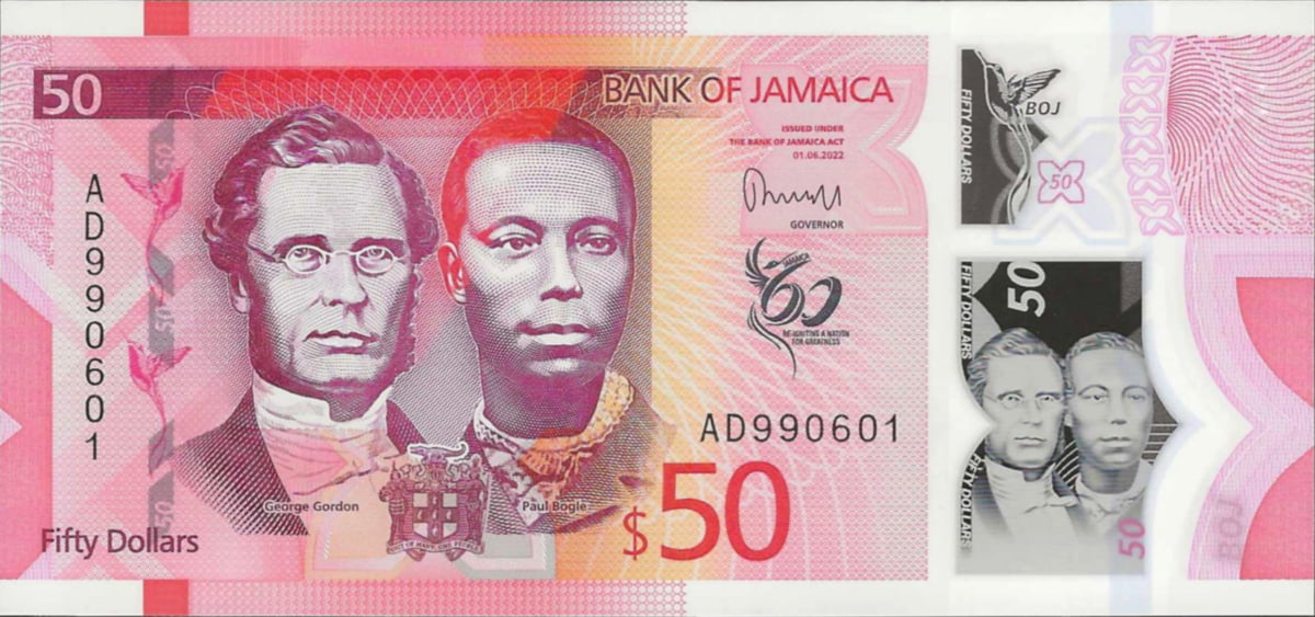 The red $50 Jamaican dollar polymer banknote featuring National Heroes Paul Bogle and George William Gordon.