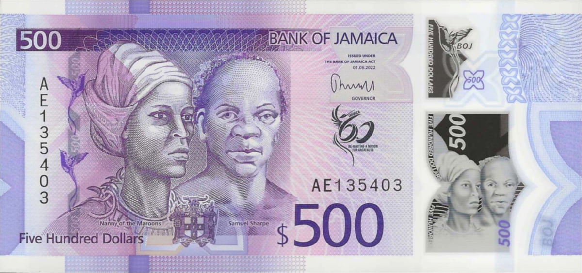 A close-up of the purple $500 JMD polymer banknote featuring Nanny of the Maroons and Samuel Sharpe.