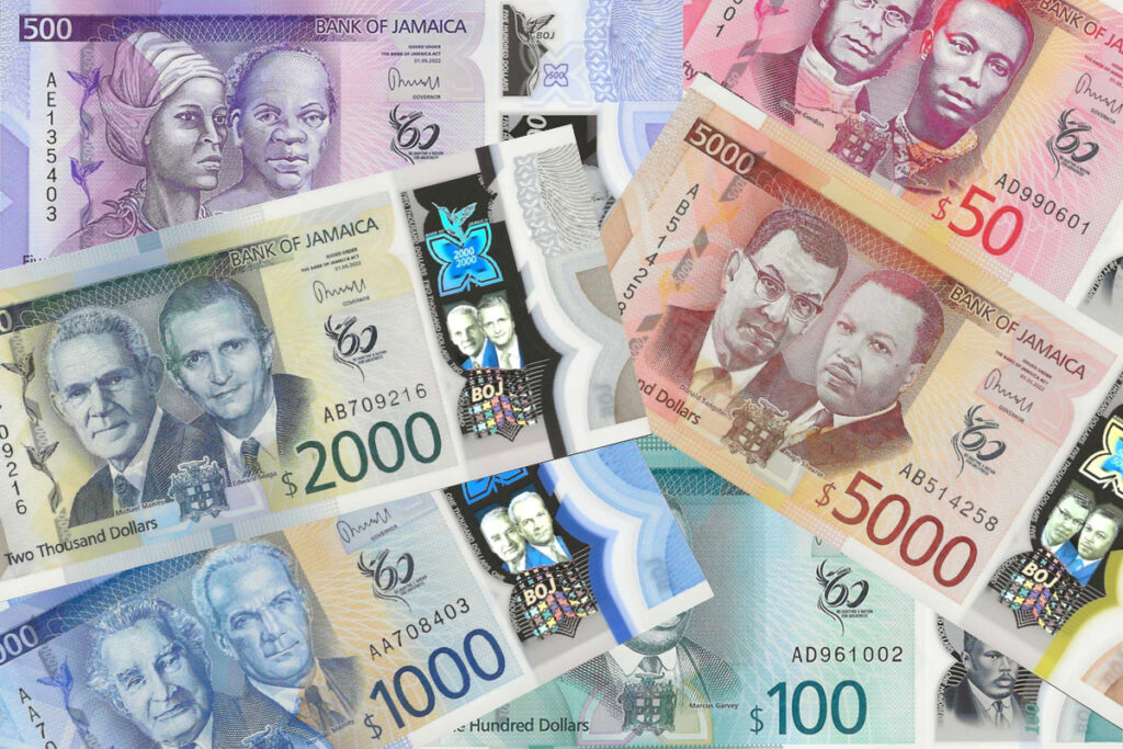 A collage showcasing the complete set of new Jamaican dollar banknotes, displaying all six polymer denominations.